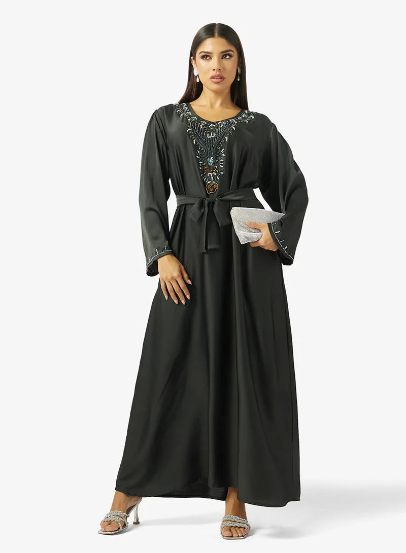 Floral Hand Work At Front Section And Beaded Jalabiya